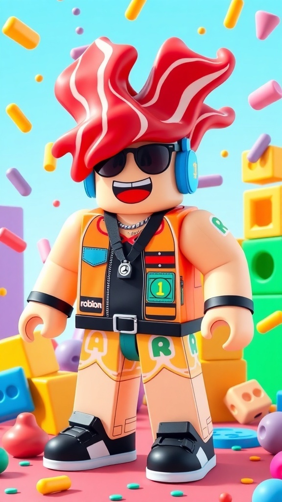 Roblox character with bacon hair and colorful accessories in a gaming environment.